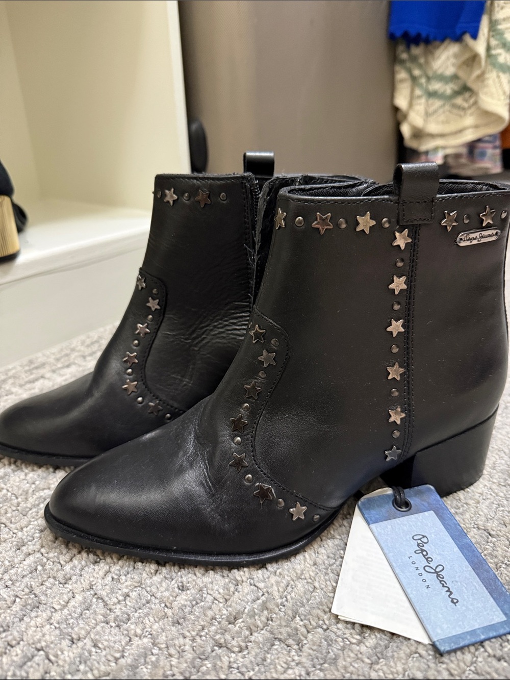Pepe Jeans Black Star-Studded Leather Ankle Boots